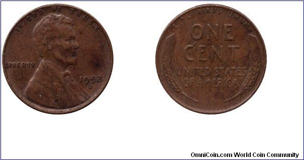 USA, 1 cent, 1952, Bronze, Lincoln.                                                                                                                                                                                                                                                                                                                                                                                                                                                                                 
