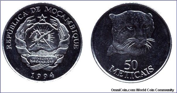 Mozambique, 50 meticals, 1994, Ni-Steel, Leopard's head.                                                                                                                                                                                                                                                                                                                                                                                                                                                            