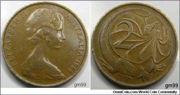 2 Cents (Bronze) Obverse: Crowned head of Queen Elizabeth II right,
 date: 1966
Reverse: Frilled lizard