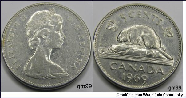 5 Cents (Nickel) Obverse: Crowned head of Queen Elizabeth II right'
 ELIZABETH II D G REGINA
Reverse:Beaver left,
 5 CENTS CANADA date 1969