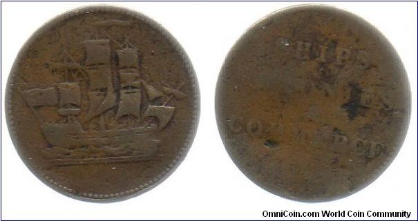 Prince Edward Island c. 1840 Ships Colonies and Commerce Token. The Legend is a reference to the qualities the British Empire had that Napoleon said would be their advantage over the French.
