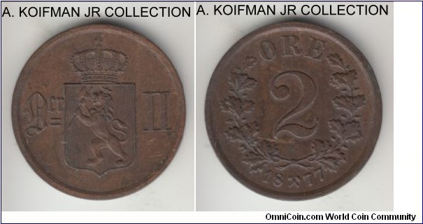 KM-353, 1877 Norway 2 ore; bronze, plain edge; nice, probably an extra fine