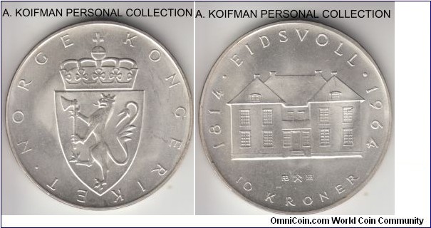 KM-413, No date (struck in 1964) Norway 10 kroner; silver, lettered edge; 150 years of Constitution commemorative, bright white uncirculated coin.