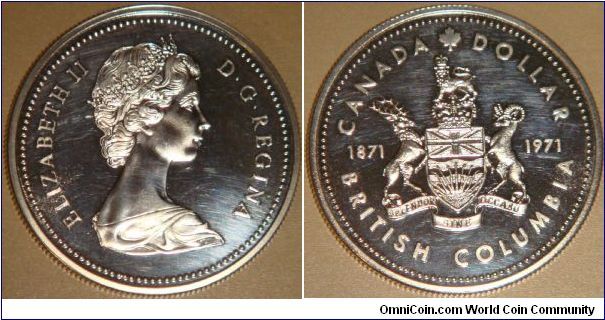 Canada, 1 dollar, 1971 Centenary of British Colombia joining Confederation, silver dollar