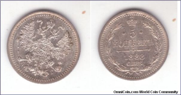 Y-19a.1, 1884 imperial Russia 5 kopeks with proof like fields, highly reflective. One of the few Russia coins I have, can't afford any at the current craze.