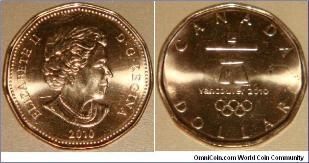 Canada, 1 dollar, 2007-2010 XXI Winter Olympics Vancouver series (November 2009): Olimpic Emblem Lucky Loonie