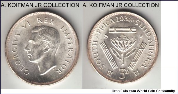KM-26, 1938 South Africa (Dominion) 3 pence; silver, plain edge; first year of George VI, bright white uncirculated.