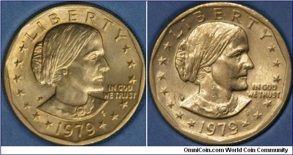 Narrow rim vs. wide rim.  In the first year of issue of the Anthony dollar some were issued with a wider rim (shown on the right).  Most noticeable at the bottom where there is less gap between the date and rim.
