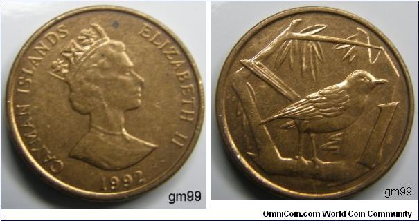 1 Cent (Bronze) Obverse:Crowned head of Queen Elizabeth II right,
CAYMAN ISLANDS ELIZABETH II date 1992
Reverse:Great Caiman Thrush standing right on branch,
1