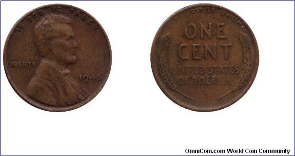 USA, 1 cent, 1946, Bronze, Lincoln.                                                                                                                                                                                                                                                                                                                                                                                                                                                                                 