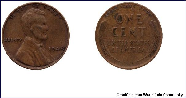 USA, 1 cent, 1948, Bronze, Lincoln.                                                                                                                                                                                                                                                                                                                                                                                                                                                                                 
