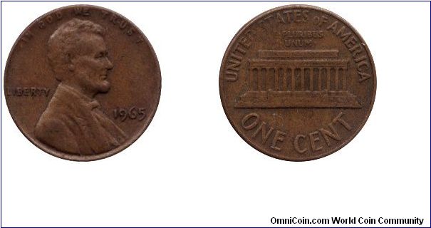 USA, 1 cent, 1965, Bronze, Lincoln, Lincoln Memorial.                                                                                                                                                                                                                                                                                                                                                                                                                                                               