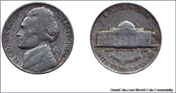 USA, 5 cents, 1960, Ni, Jefferson, In God We Trust, Castle Monticello, E Pluribus Unum.                                                                                                                                                                                                                                                                                                                                                                                                                             