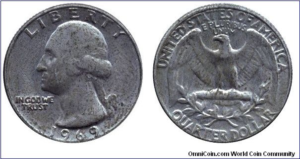 USA, 1/4 dollar, 1969, Cu-Ni, George Washington.                                                                                                                                                                                                                                                                                                                                                                                                                                                                    