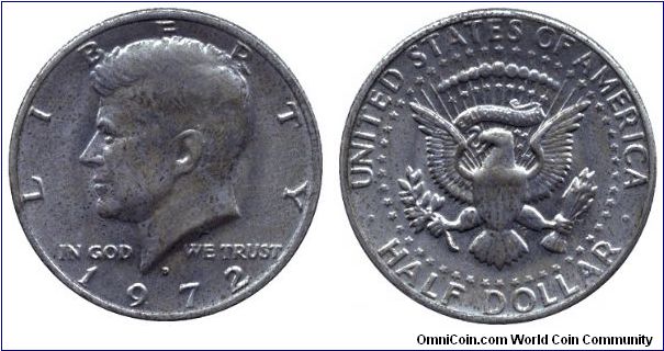 USA, 1/2 dollar, 1972, Cu-Ni, J. F. Kennedy.                                                                                                                                                                                                                                                                                                                                                                                                                                                                        
