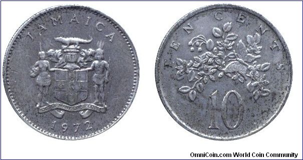 Jamaica, 10 cents, 1972, Cu-Ni, Lignum Vitae (Tree of Life).                                                                                                                                                                                                                                                                                                                                                                                                                                                        