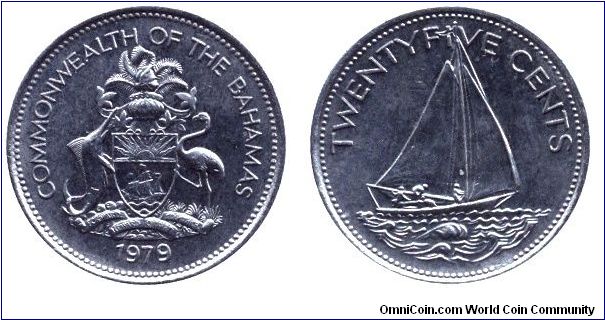 Bahamas, 25 cents, 1979, Ni, Sailing Boat.                                                                                                                                                                                                                                                                                                                                                                                                                                                                          