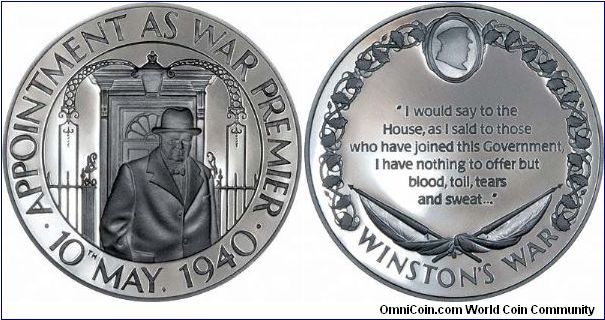 One of 24 silver medals issued by John Pinches for the Churchill Centenary Trust in 1974. Appointment as war premier is the theme of this example.