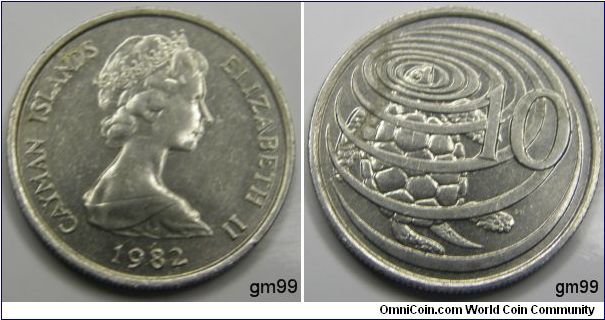 Obverse: Cayman Island, Queen Elizabeth II, Date; 1982 Reverse; Turtle in the water and the number 10 for 10 cents