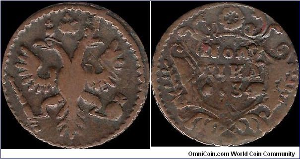 Polushka 1734, overstruck on 1 Kopeck 1728-1730