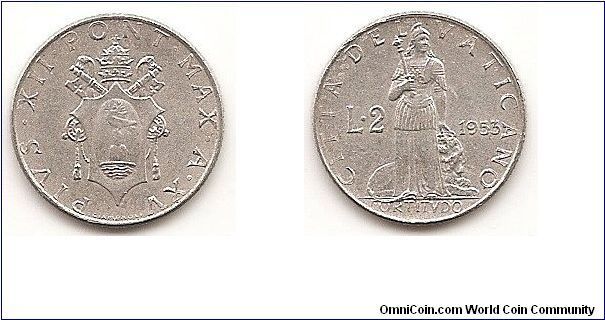 2 Lire
KM#50
Aluminum Obv: Crowned shield Rev: Fortude standing with lion
at feet