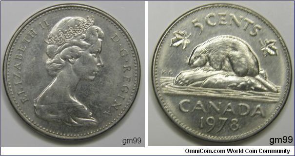 Obverse;Queen Elizabeth II right Reverse; 5 Cents, Beaver on rock divides date 1978 and denomination
