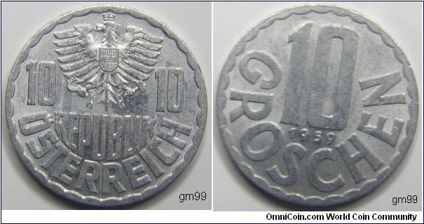 10 Groschen
obverse;Coat of arms, Reverse;Value, year of minting 1978
98.5% aluminium
1.5% magnesium