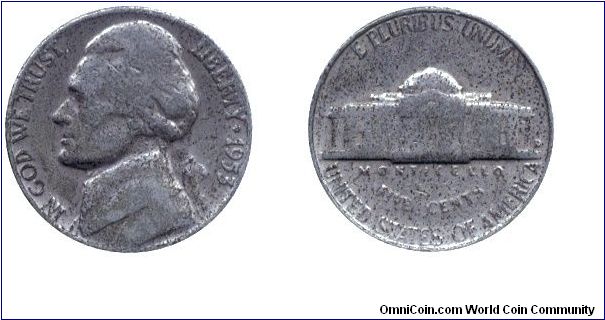 USA, 5 cents, 1953, Ni, Castle Monticello, E Pluribus Unum; Jefferson, In God We Trust                                                                                                                                                                                                                                                                                                                                                                                                                              