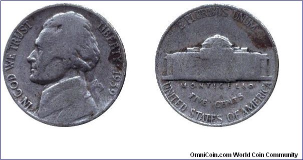 USA, 5 cents, 1939, Ni, Castle Monticello, Jefferson.                                                                                                                                                                                                                                                                                                                                                                                                                                                               