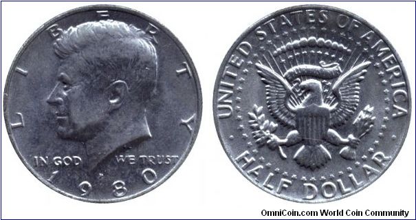 USA, 1/2 dollar, 1980, Cu-Ni, J. F. Kennedy.                                                                                                                                                                                                                                                                                                                                                                                                                                                                        