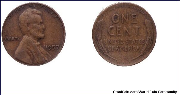 USA, 1 cent, 1957, Bronze, Lincoln.                                                                                                                                                                                                                                                                                                                                                                                                                                                                                 