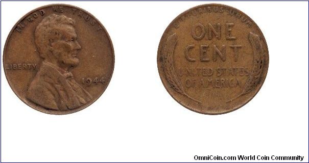 USA, 1 cent, 1944, Bronze, Lincoln.                                                                                                                                                                                                                                                                                                                                                                                                                                                                                 