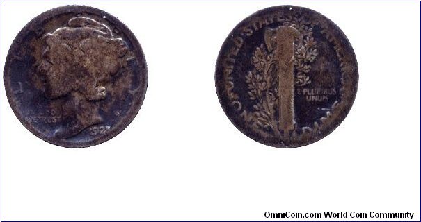USA, 1 dime, 1925, Ag, Mercury head.                                                                                                                                                                                                                                                                                                                                                                                                                                                                                
