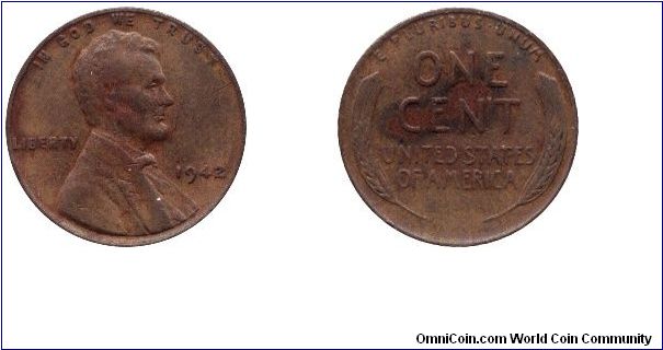USA, 1 cent, 1942, Bronze, Lincoln.                                                                                                                                                                                                                                                                                                                                                                                                                                                                                 