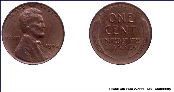 USA, 1 cent, 1945, Bronze, Lincoln.                                                                                                                                                                                                                                                                                                                                                                                                                                                                                 