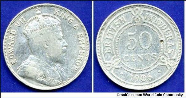 50 cents.
*BRITISH HONDURAS*.
Edward VII (1901-1910).
Mintage 15,000 units.


Ag925f. 11,62gr.