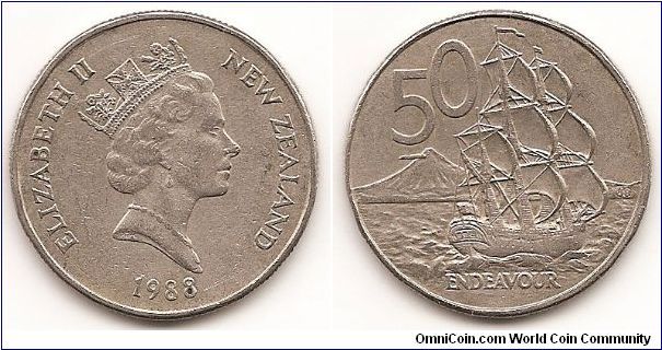 50 Cents
KM#63
13.6100 g., Copper-Nickel, 31.75 mm. Ruler: Elizabeth II Obv:
Crowned head right Rev: Ship, H.M.S. Endeavour Note: Many
recalled and melted in 2006.