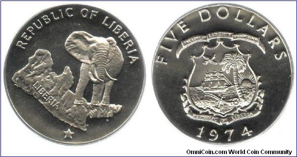 1974 Silver 5 Dollars - Elephant