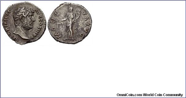 Hadrian
11 Aug 117 - Jul 138 A.D.
Silver Denarius
17.6mm, 3.018g.
Rome Mint, 134-138 A.D.