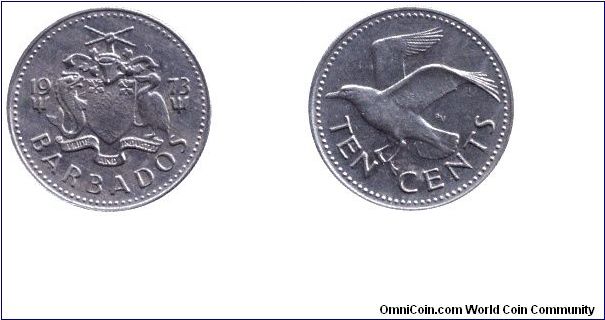 Barbados, 10 cents, 1973, Cu-Ni, Bonaparte tern.                                                                                                                                                                                                                                                                                                                                                                                                                                                                    