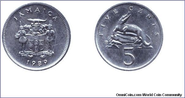 Jamaica, 5 cents, 1989, Cu-Ni, Crocodile.                                                                                                                                                                                                                                                                                                                                                                                                                                                                           