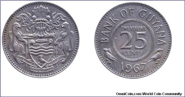 Guyana, 25 cents, 1967, Cu-Ni.                                                                                                                                                                                                                                                                                                                                                                                                                                                                                      