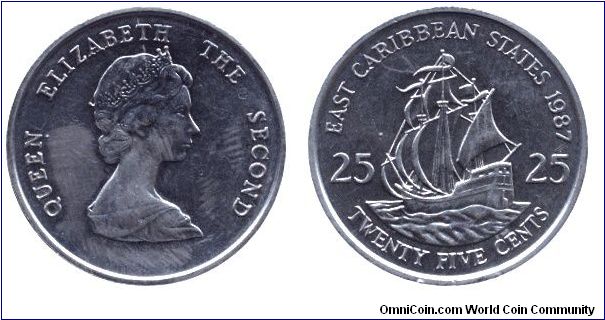 East Caribbean States, 25 cents, Cu-Ni, Queen Elizabeth II, Ship.                                                                                                                                                                                                                                                                                                                                                                                                                                                   
