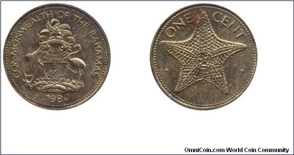 Bahamas, 1 cent, 1980, Brass, Star fish.                                                                                                                                                                                                                                                                                                                                                                                                                                                                            