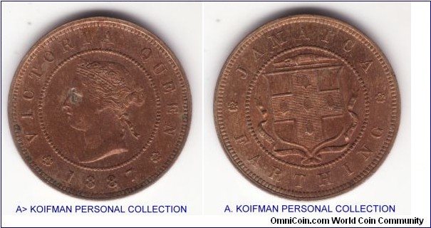 KM-15, 1887 Jamaica farthing; copper-nickel;, plain edge; unusual toning spot at Queen's eye, some toning which is not common as well but overall about uncirculated coin.