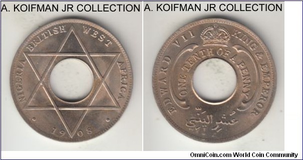 KM-3, 1908 British West Africa 1/10 penny; copper-nickel, holed flan, plain edge; Edward VII, replacement to aluminum type, bright uncirculated, lacquered.
