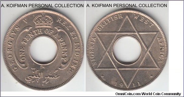 KM-4, 1911 British West Africa 1/10 penny, Heaton (H mint mark); copper-nickel, plain edge; average uncirculated, some toning.