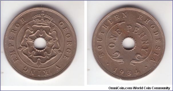 KM-7, 1934 Southern Rhodesia penny in very nice uncirculated condition with a tiny rim nick