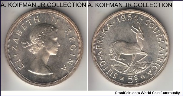 KM-52, 1954 South Africa (Dominion) 5 shillings; sillver, reeded edge; Elizabeth II, second smallest mintage year of the type after 1959, mintage 17,040 for all three types, toned proof or proof like.