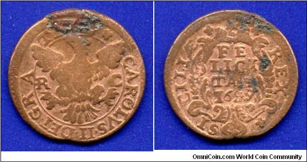 1 gran.
Sicily.
Palermo.
Carl II (1665-1700), King of Spain.


Cu.
